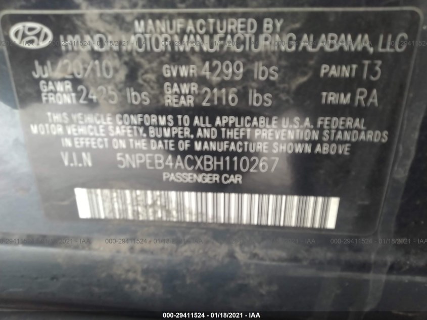 HYUNDAI SONATA 5NPEB4ACXBH110267