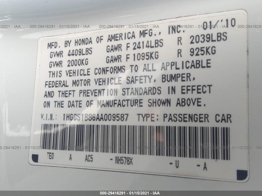 HONDA ACCORD CPE 1HGCS1B86AA009587