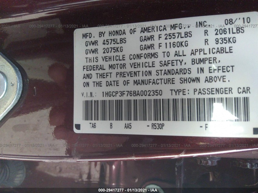 HONDA ACCORD SDN 1HGCP3F76BA002350