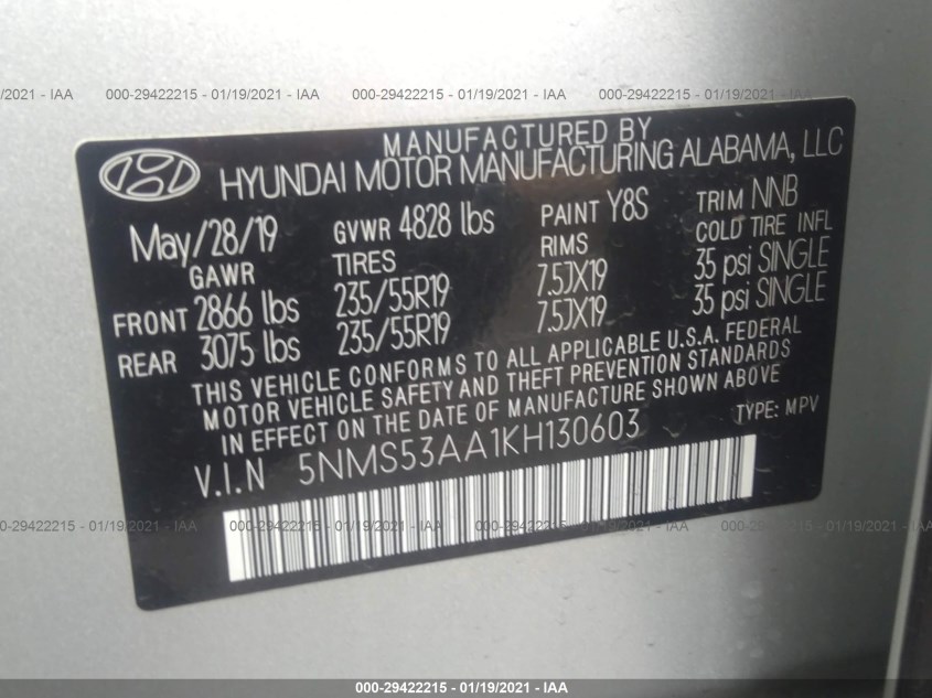 HYUNDAI SANTA FE 5NMS53AA1KH130603