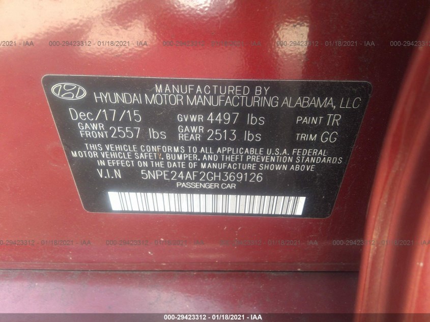 HYUNDAI SONATA 5NPE24AF2GH369126
