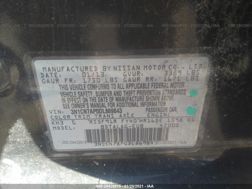 NISSAN VERSA 3N1CN7AP0DL869843