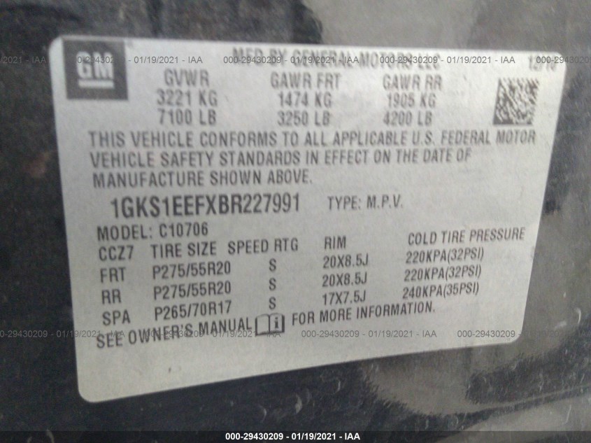 GMC YUKON 1GKS1EEFXBR227991