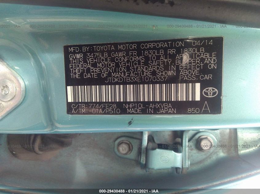 TOYOTA PRIUS C JTDKDTB3XE1070337