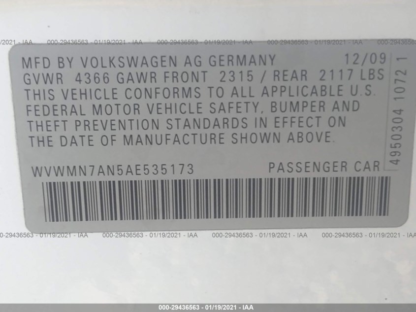VOLKSWAGEN CC WVWMN7AN5AE535173