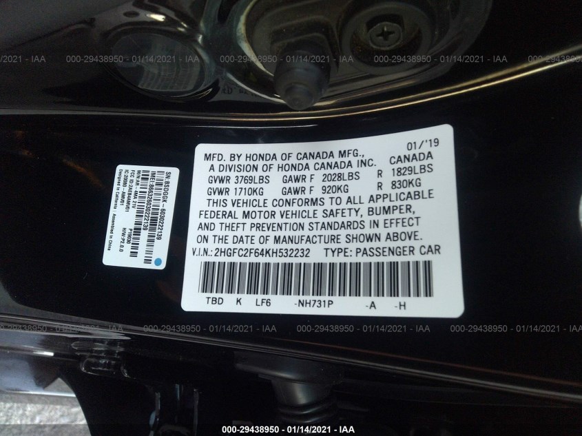 HONDA CIVIC SEDAN 2HGFC2F64KH532232