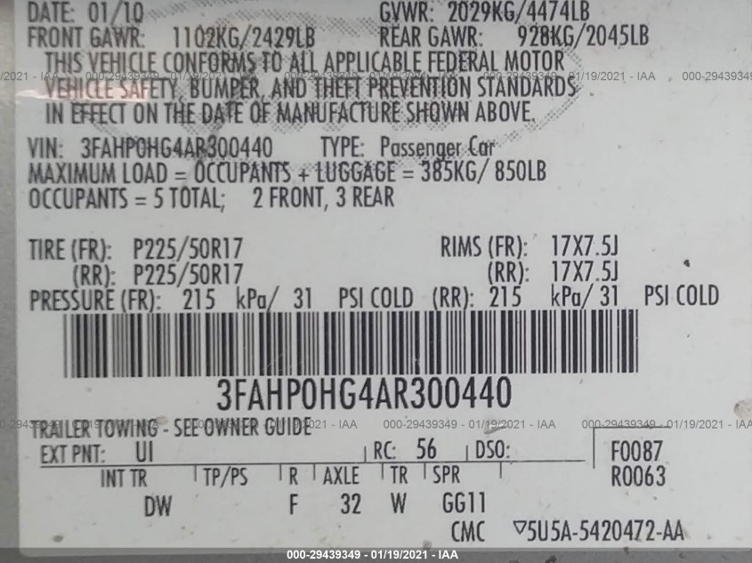 FORD FUSION 3FAHP0HG4AR300440