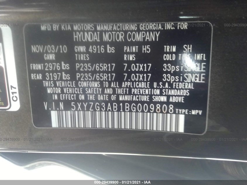 HYUNDAI SANTA FE 5XYZG3AB1BG009808