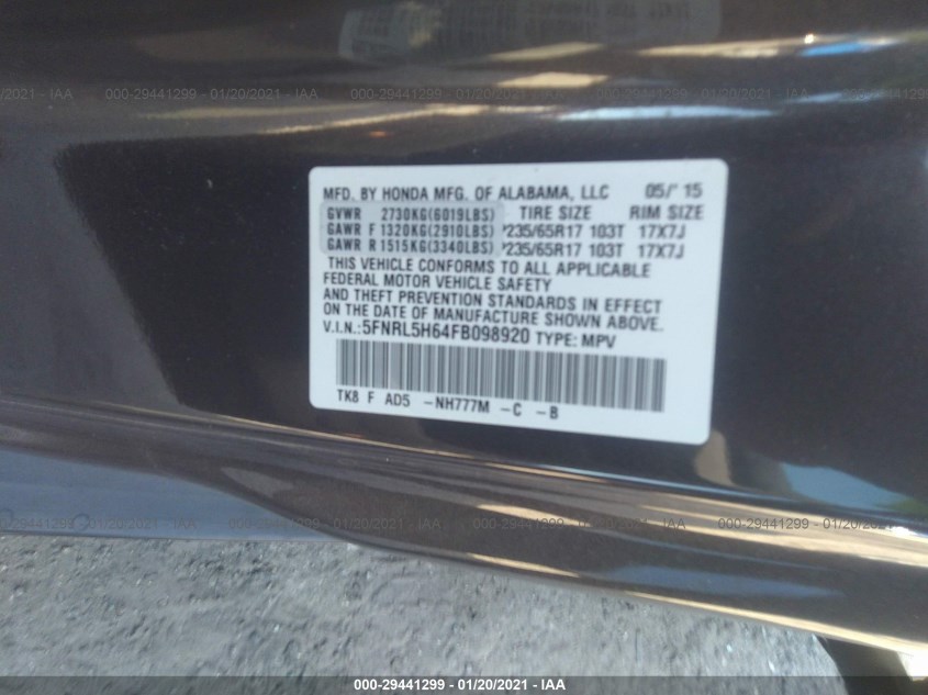 HONDA ODYSSEY 5FNRL5H64FB098920