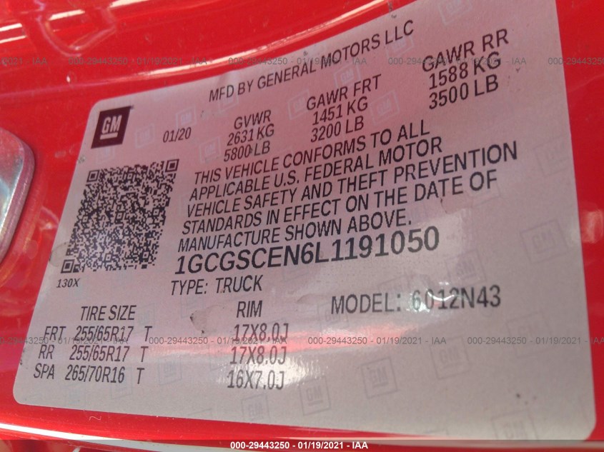 CHEVROLET COLORADO 1GCGSCEN6L1191050