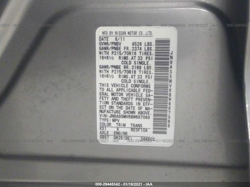 NISSAN ROGUE JN8AS5MV6BW687068