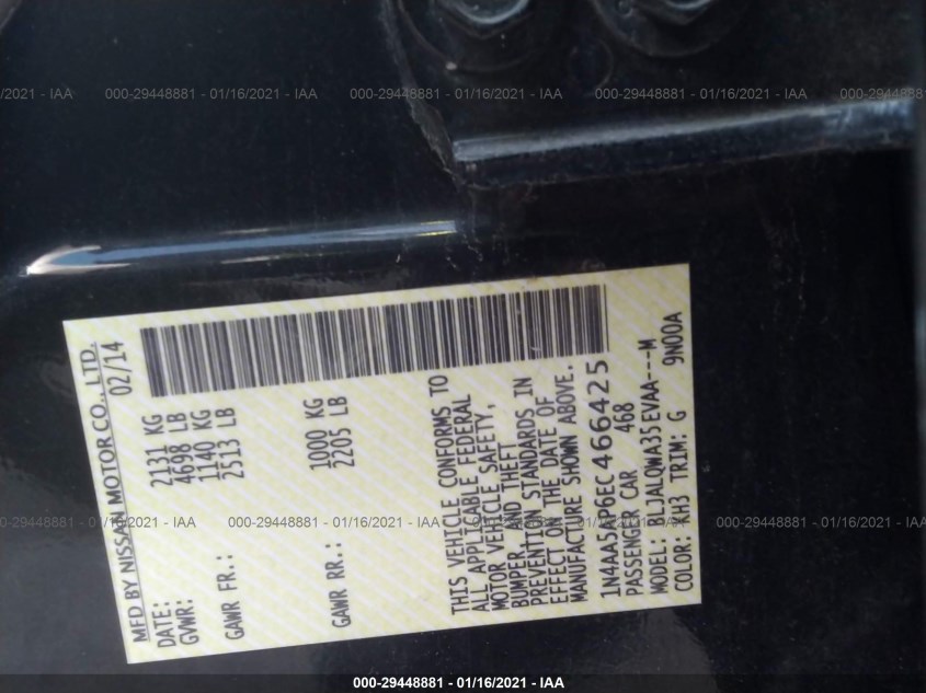 NISSAN MAXIMA 1N4AA5AP6EC466425