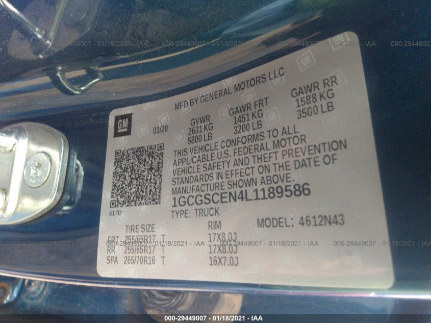 CHEVROLET COLORADO 1GCGSCEN4L1189586