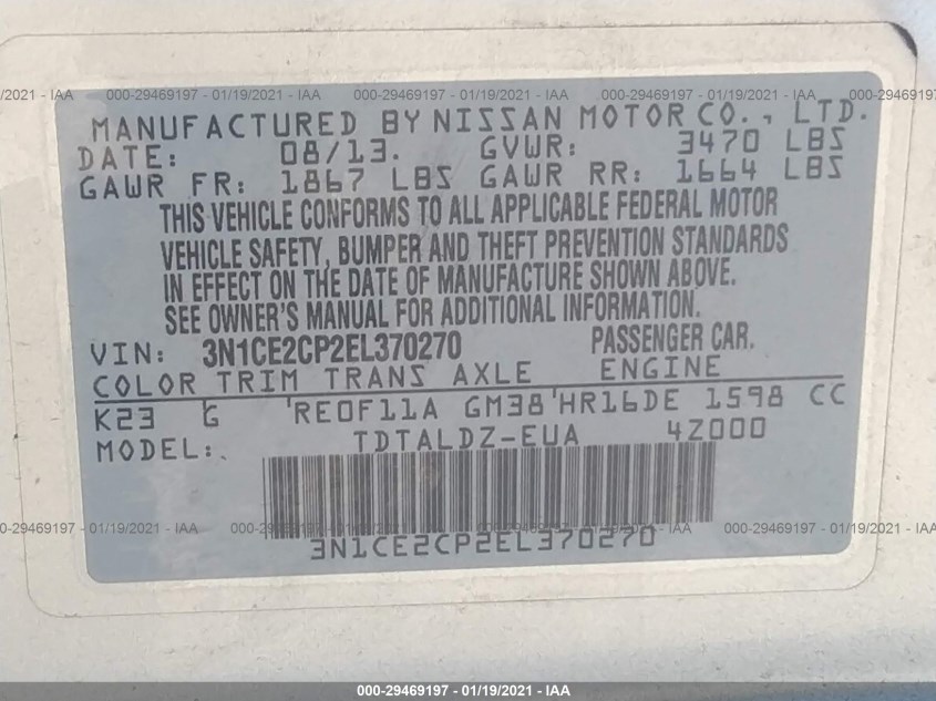 NISSAN VERSA NOTE 3N1CE2CP2EL370270