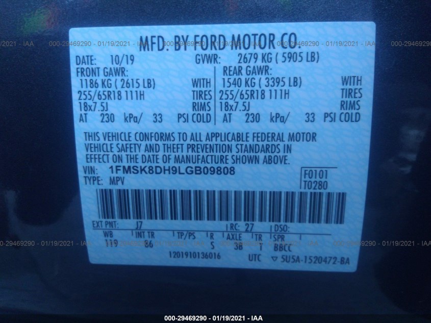 FORD EXPLORER 1FMSK8DH9LGB09808