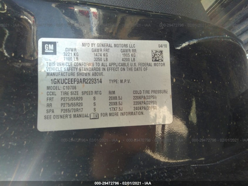 GMC YUKON 1GKUCEEF9AR229314