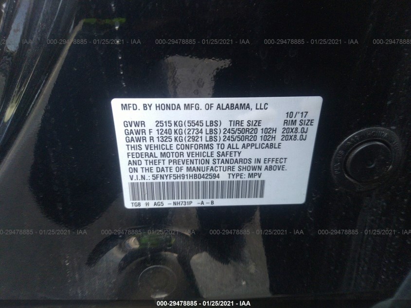 HONDA PILOT 5FNYF5H91HB042594