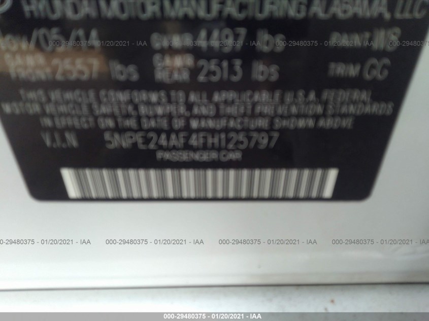 HYUNDAI SONATA 5NPE24AF4FH125797