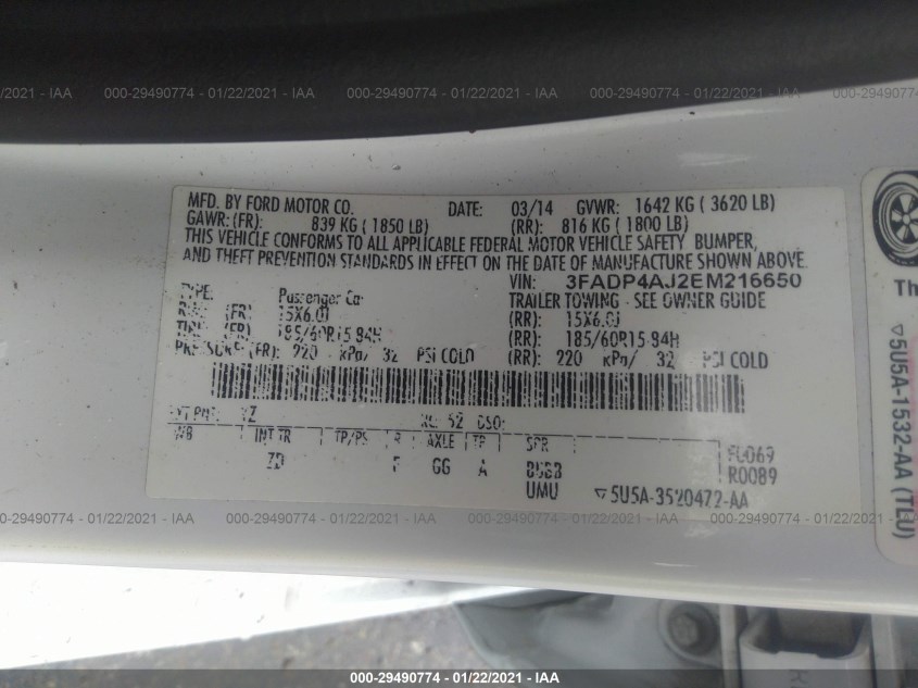FORD FIESTA 3FADP4AJ2EM216650
