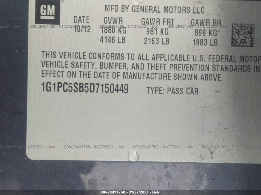CHEVROLET CRUZE 1G1PC5SB5D7150449