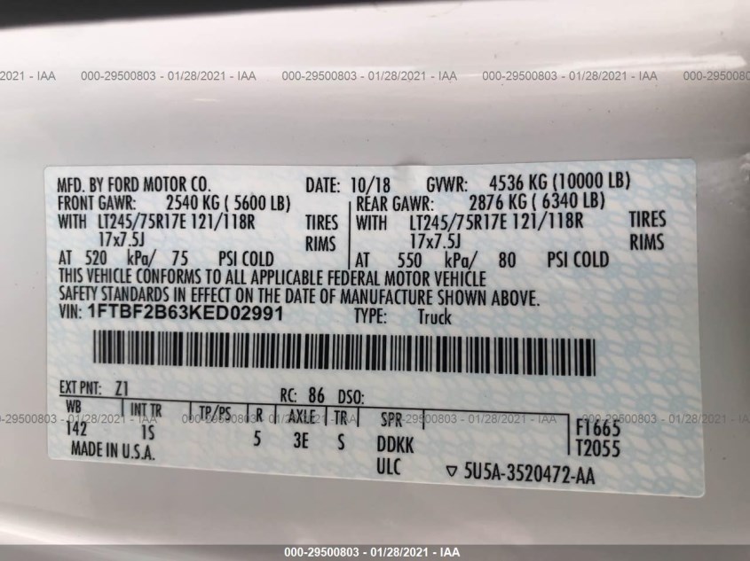 FORD SUPER DUTY F-250 SRW 1FTBF2B63KED02991