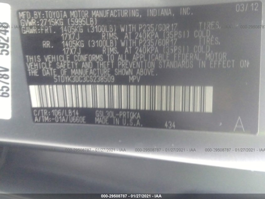 TOYOTA SIENNA 5TDYK3DC3CS238509