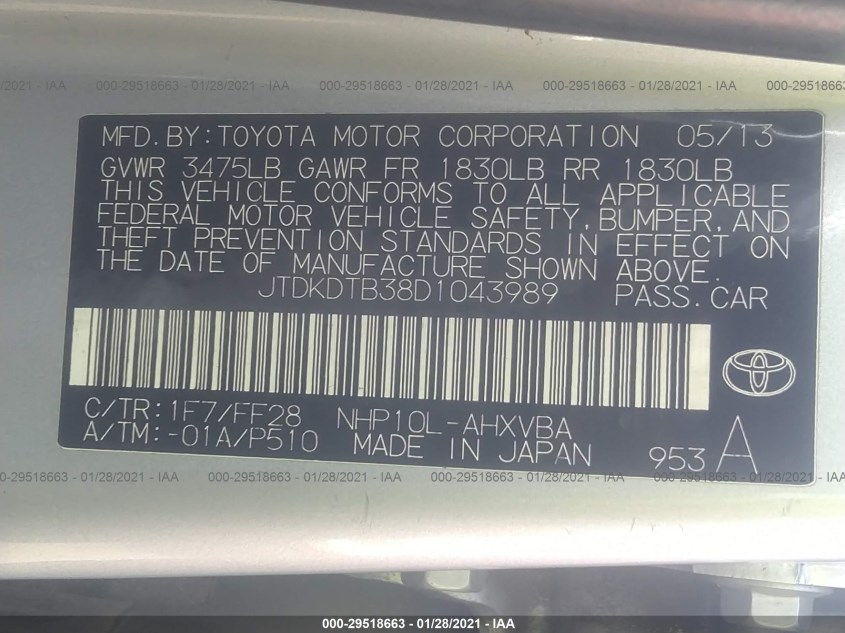 TOYOTA PRIUS C JTDKDTB38D1043989
