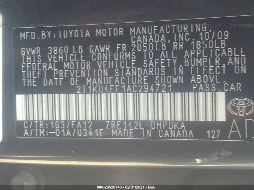 TOYOTA MATRIX 2T1KU4EE1AC294721