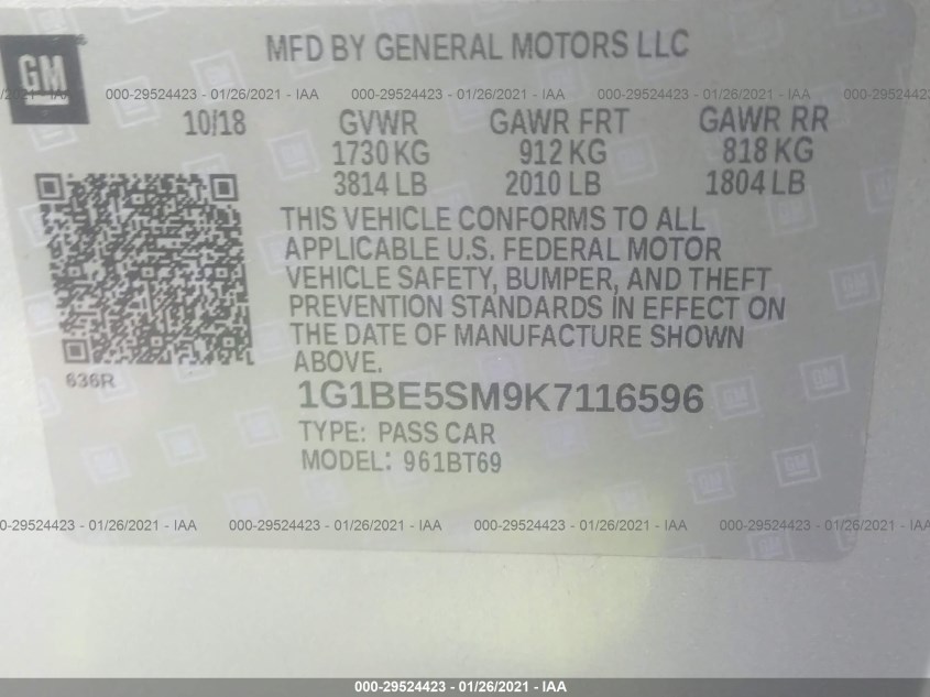 CHEVROLET CRUZE 1G1BE5SM9K7116596