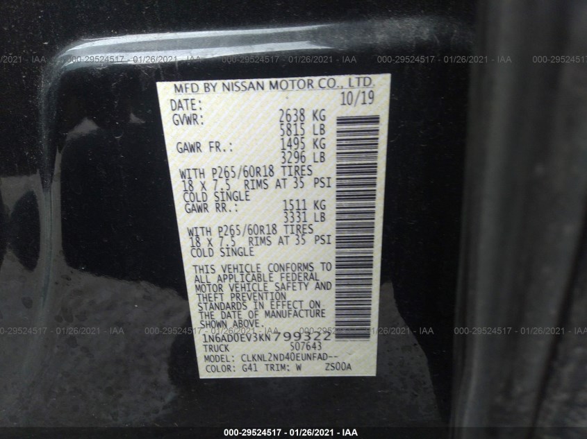 NISSAN FRONTIER 1N6AD0EV3KN799322