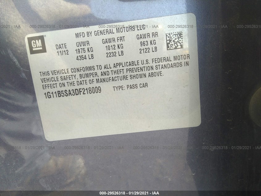 CHEVROLET MALIBU 1G11B5SA3DF218009
