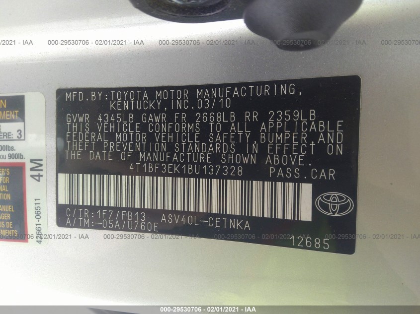 TOYOTA CAMRY 4T1BF3EK1BU137328