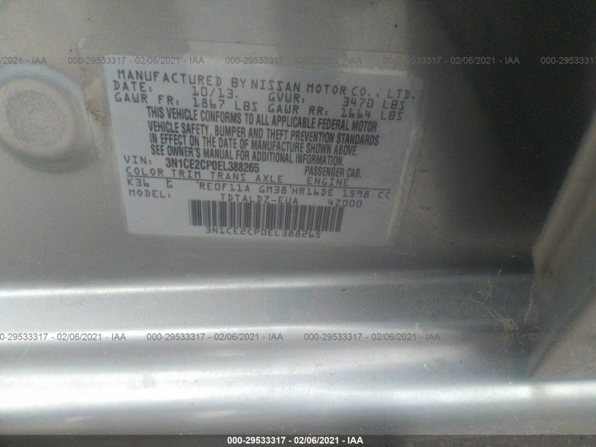 NISSAN VERSA NOTE 3N1CE2CP0EL388265