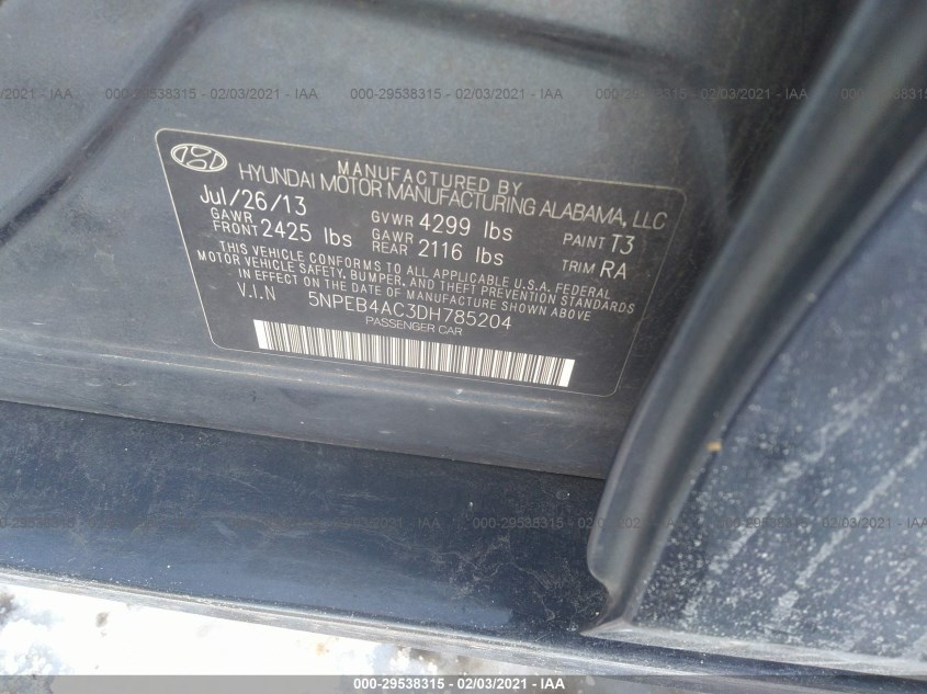 HYUNDAI SONATA 5NPEB4AC3DH785204