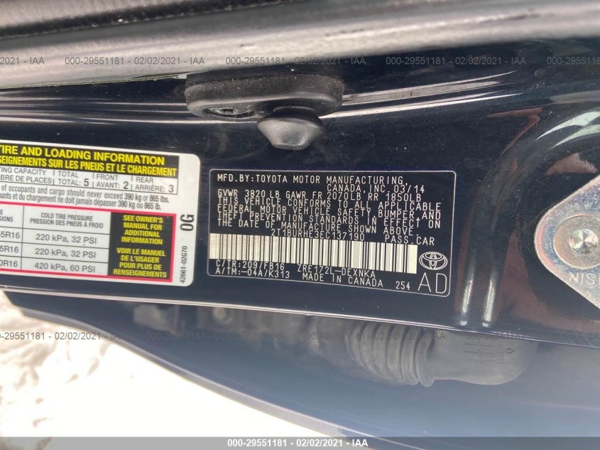 TOYOTA COROLLA 2T1BURHE3EC137190