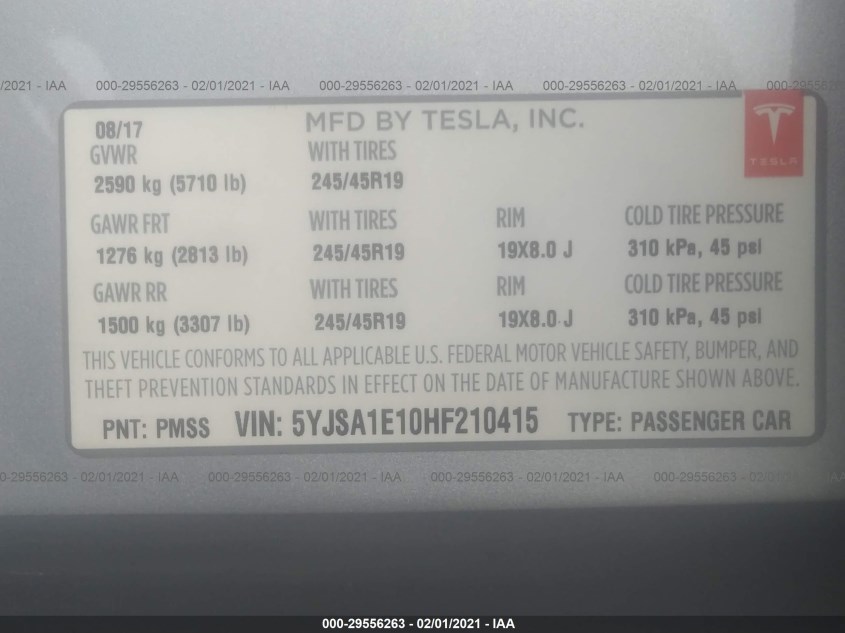 TESLA MODEL S 5YJSA1E10HF210415