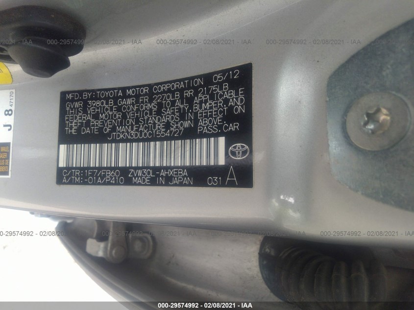 TOYOTA PRIUS JTDKN3DU0C1554727
