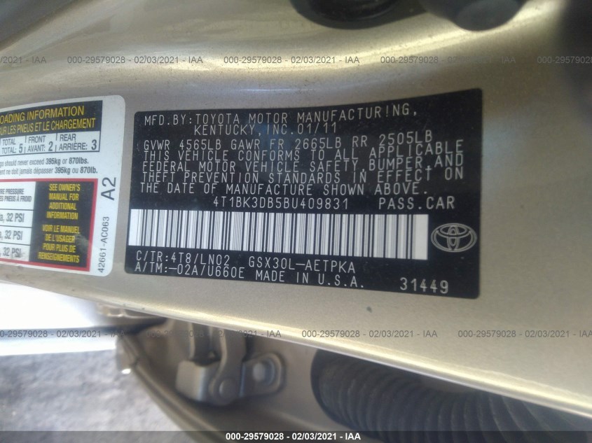 TOYOTA AVALON 4T1BK3DB5BU409831