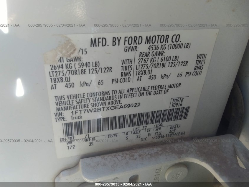 FORD SUPER DUTY F-250 SRW 1FT7W2BTXGEA59022