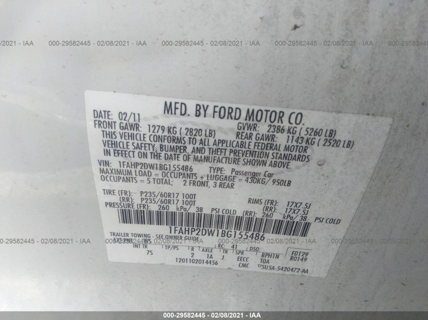FORD TAURUS 1FAHP2DW1BG155486
