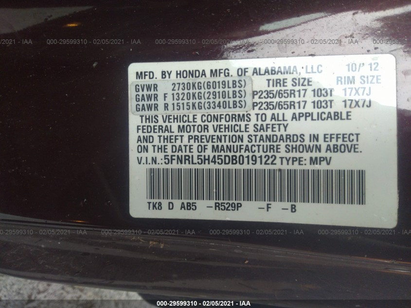 HONDA ODYSSEY 5FNRL5H45DB019122