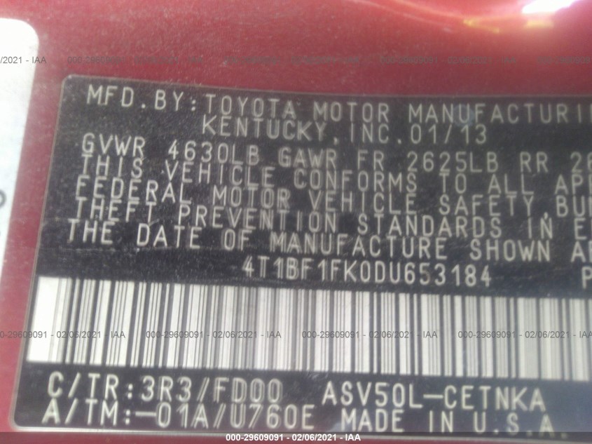 TOYOTA CAMRY 4T1BF1FK0DU653184