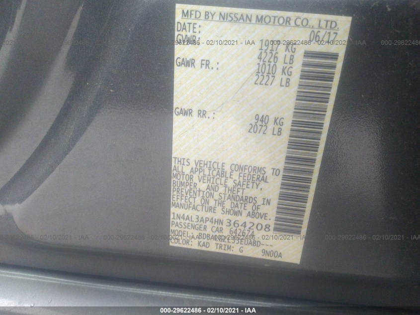 NISSAN ALTIMA 1N4AL3AP4HN364208