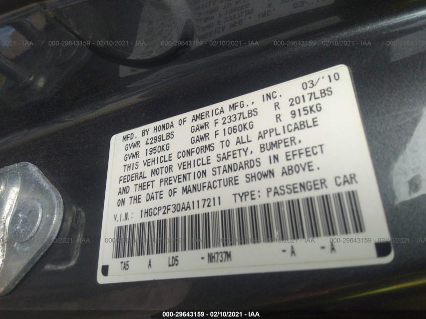 HONDA ACCORD SDN 1HGCP2F30AA117211