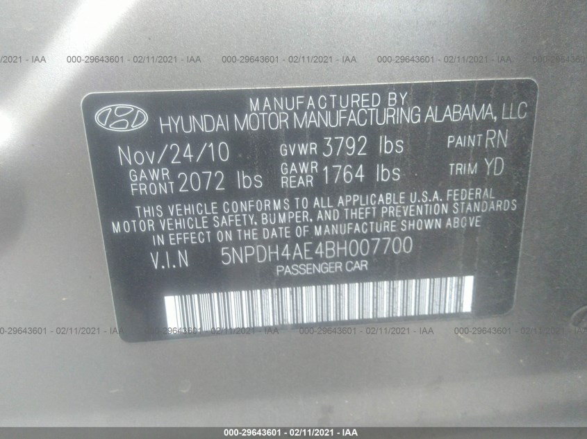 HYUNDAI ELANTRA 5NPDH4AE4BH007700
