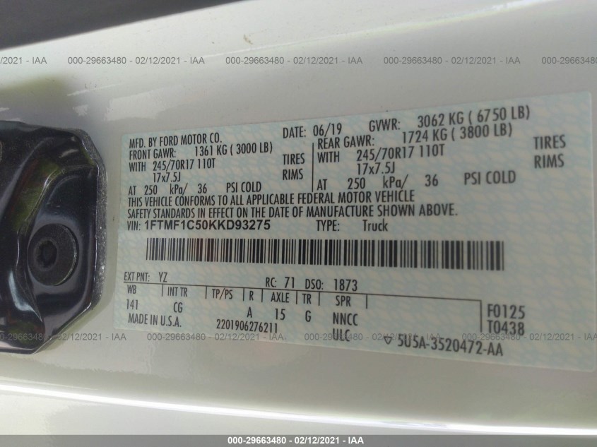 FORD F-150 1FTMF1C50KKD93275