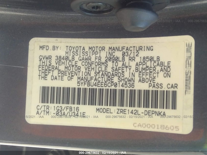 TOYOTA COROLLA 5YFBU4EE6CP014536